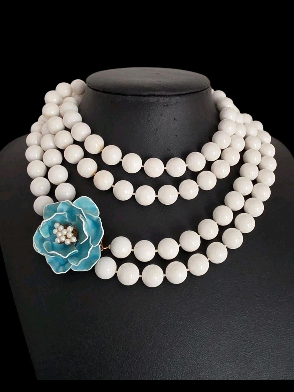 Vintage Double Strand Snow White Bead Necklace Blue Enamel Flower Marvella Style